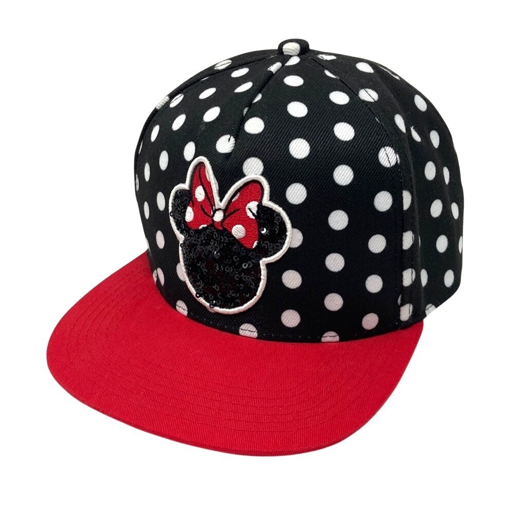 Minnie Mouse Flat Bill Snap Back Cap Polka Dot Black Red Bounding